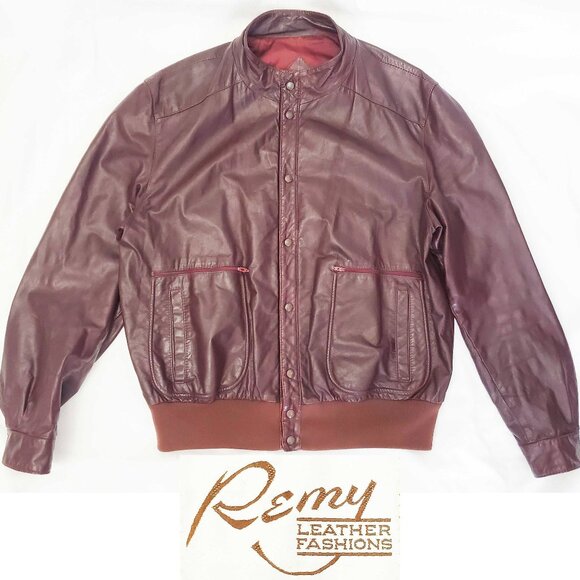 Vintage Remy Mens Dark Burgundy Leather Bomber Jacket - Picture 1 of 11